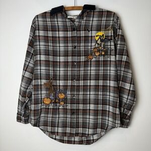 VTG Casey‎ & Max Long Sleeve Button Up Top Halloween Plaid Pumpkins Womens S/M